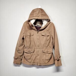 Vintage Y2K Sonoma Corduroy Faux Fur Hooded Jacket Size M Tan Full Zip Retro